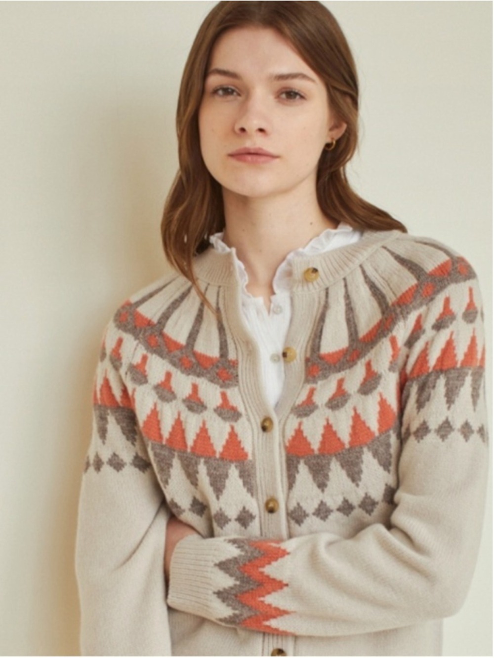 Yerse Nordic Fair Isle Wool Blend Knit Cardigan Size M